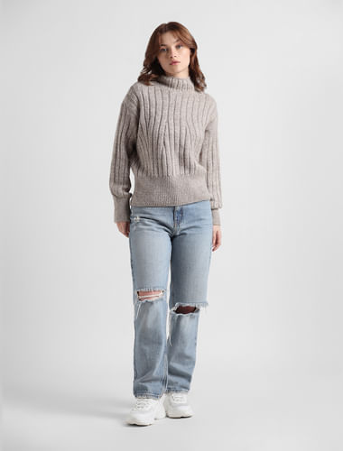 Grey Cable Knit High-Neck Pullover
