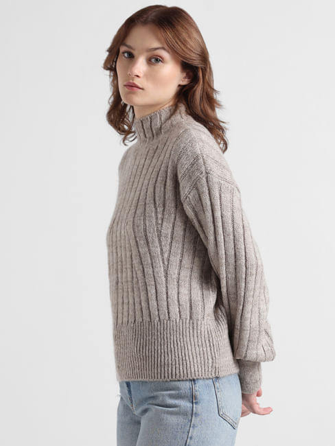 Buy Grey Cable Knit High-Neck Pullover for Women - ONLY