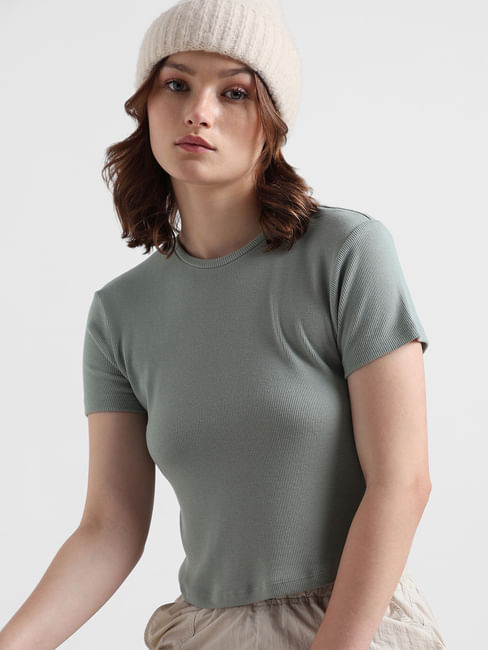 Green Ribbed Cropped Top