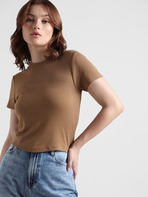 Brown Ribbed Cropped Top