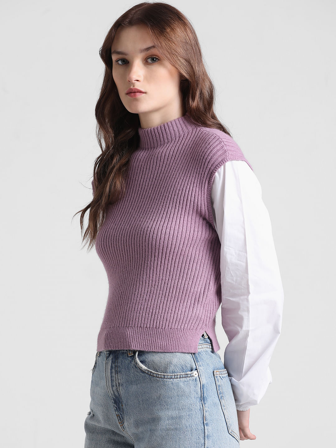 Purple Shirt Insert Ribbed Pullover