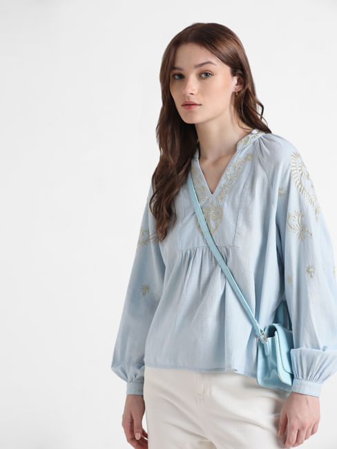 Blue Embroidered Woven Top