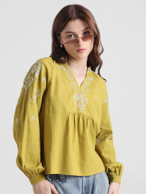 Green Embroidered Woven Top