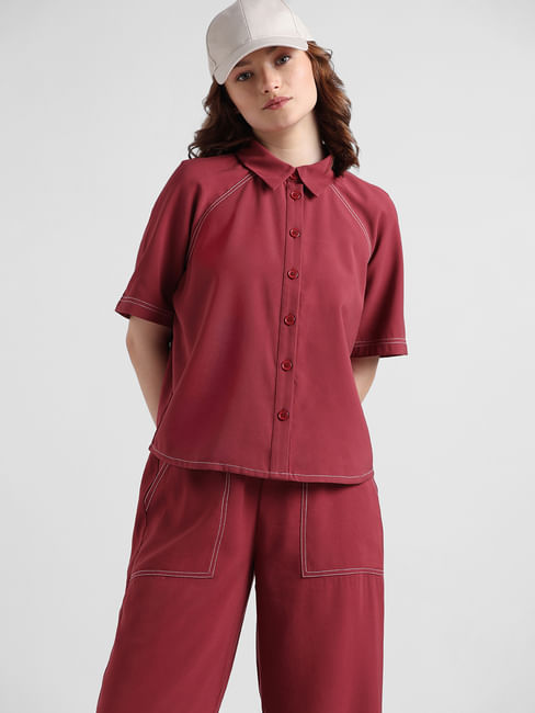 Maroon Contrast Stitch Woven Shirt