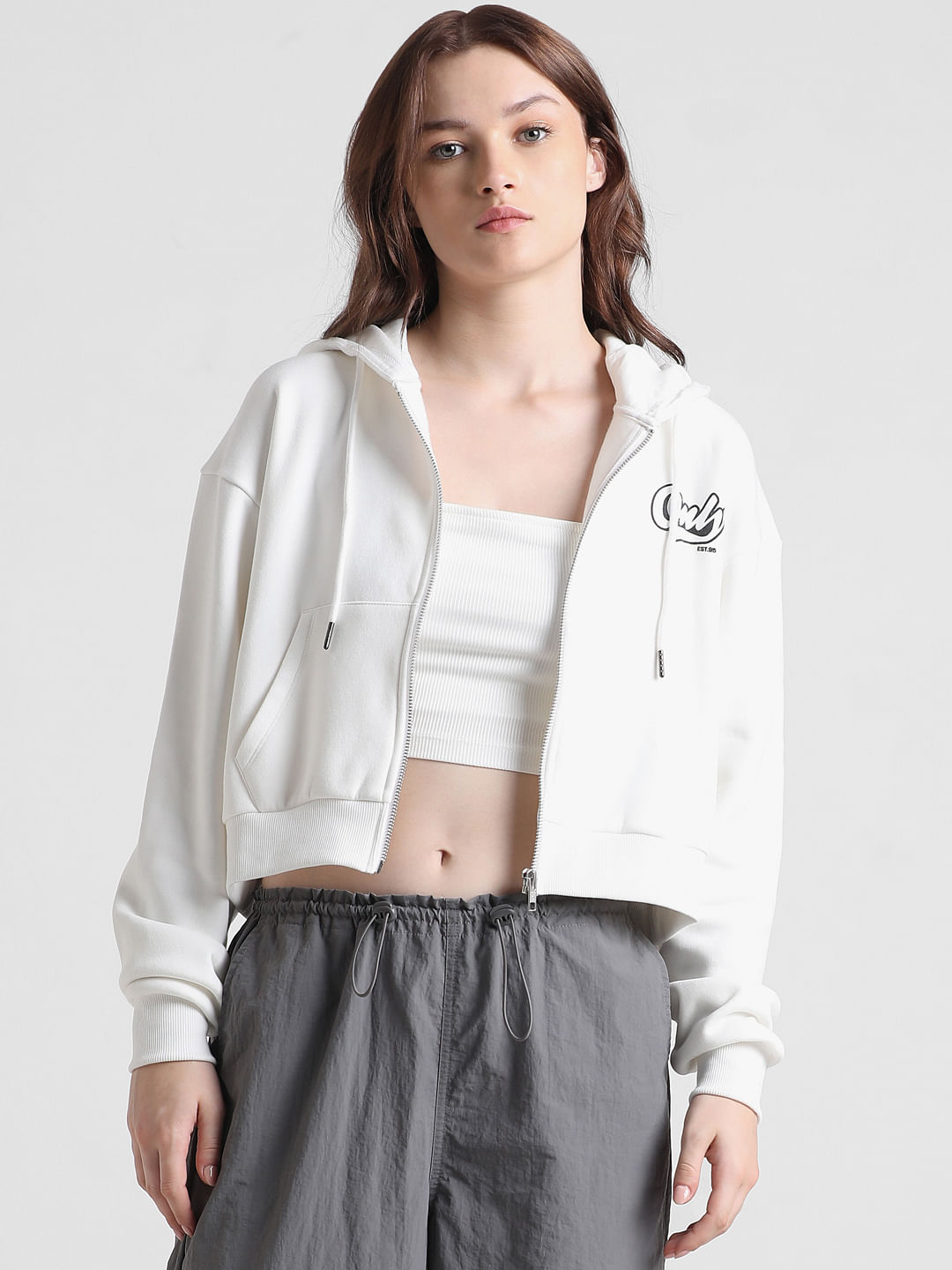 Cropped zip clearance up hoodie white