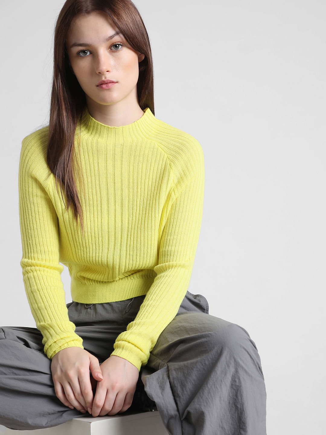 Yellow Rib-knit Fitted Pullover