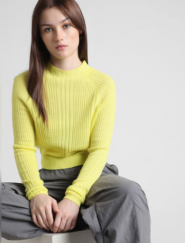 Yellow Rib-knit Fitted Pullover