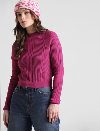 Dark Fuchsia Rib-knit Fitted Pullover