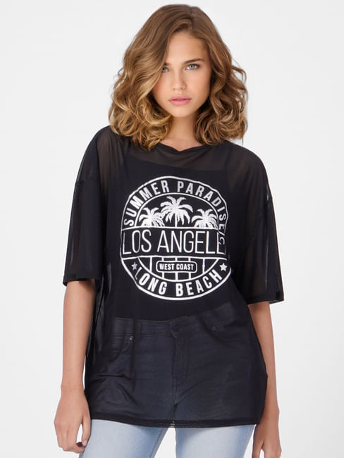 Black Semi Sheer Oversized Graphic T-shirt
