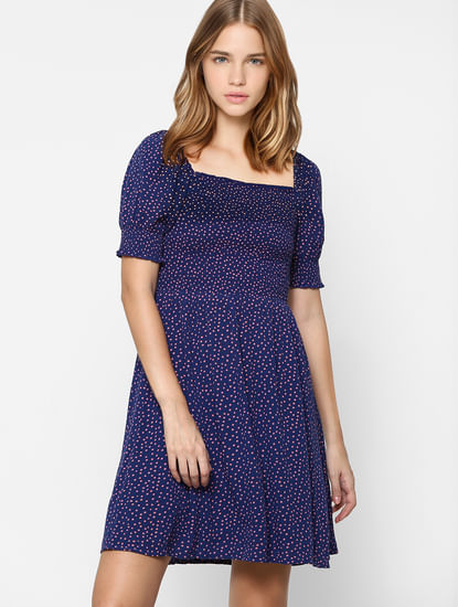 Blue All Over Printed Fit & Flare Dress