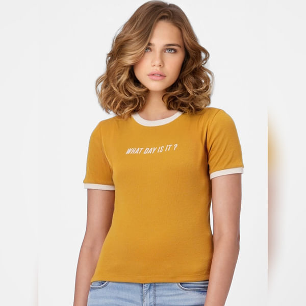BESTSELLER CLOTHING Mustard Slogan Print T-shirt