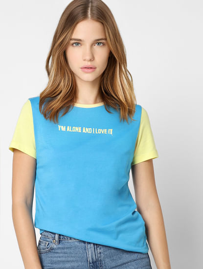 Blue Colourblocked Slogan Print T-shirt