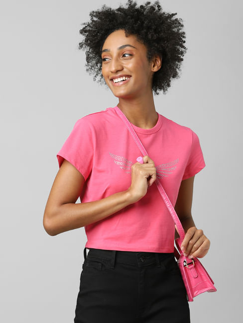 Pink Rhinestone Detail T-shirt