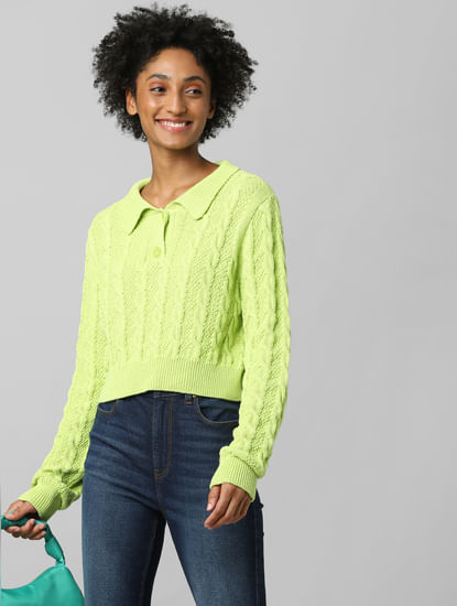 Neon Yellow Cropped Polo Pullover