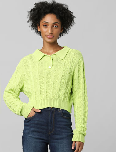 Neon Yellow Cropped Polo Pullover