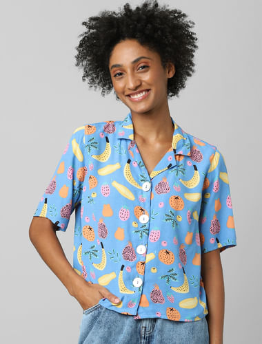 Blue Printed Resort Collar Shirt