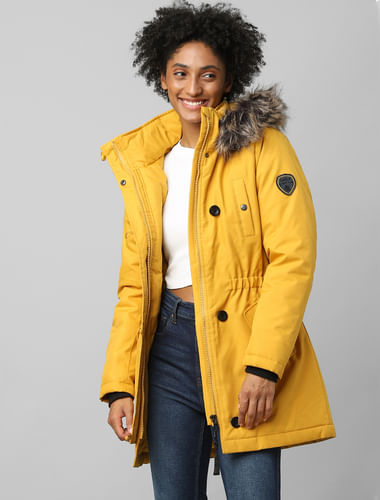 Yellow Fur Hooded Parka Jacket 