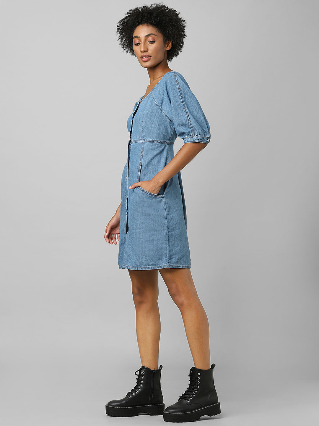Allegra K Women's Solid Color Turn Down Collar Fit & Flare Denim Dress -  Walmart.com