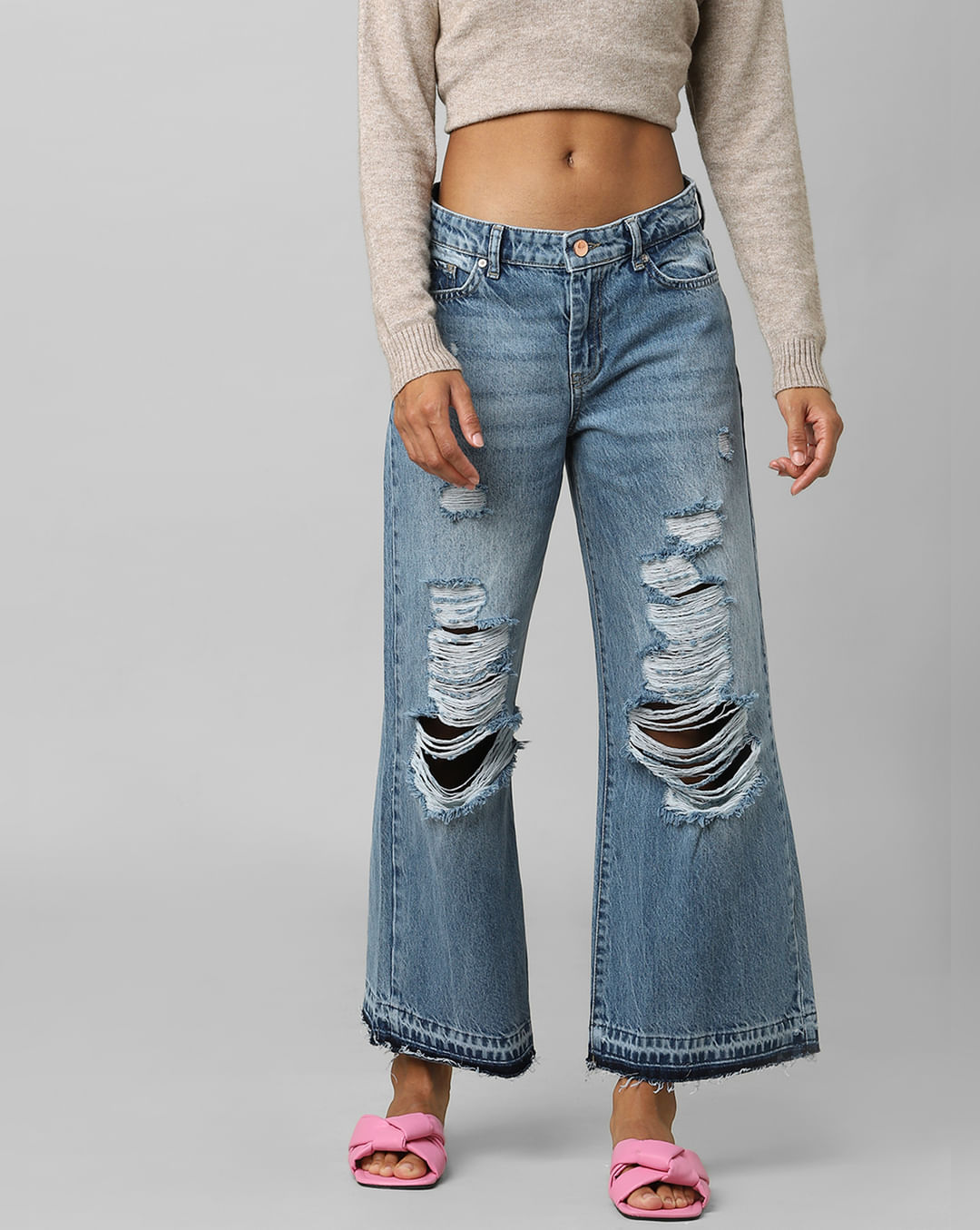 Buy Blue High Rise Ripped Wide Leg Jeans For Women Online - ONLY