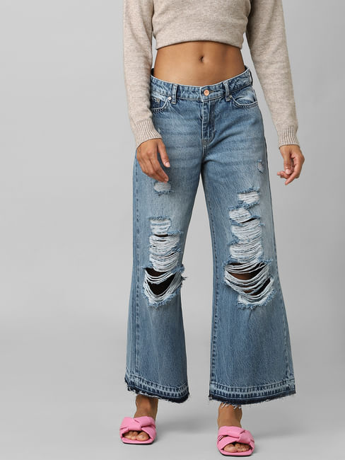 Blue High Rise Ripped Wide Leg Jeans