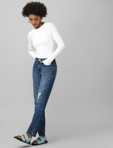 Buy RIPPED-KNEE BLUE HIGH-RISE STARIGHT JEANS for Women Online in India