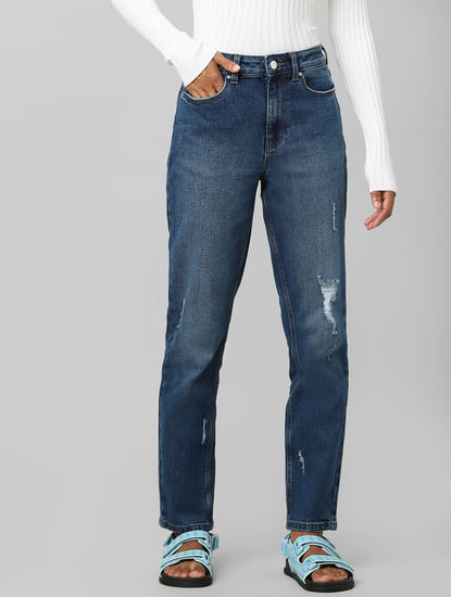 Blue High Rise Distressed Straight Jeans