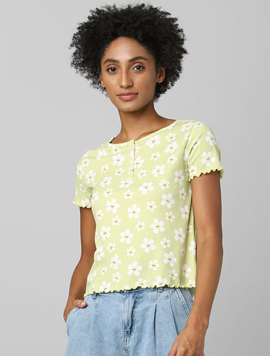 Green Floral Ribbed T-shirt