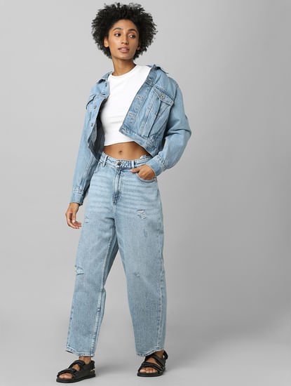 Blue High Rise Distressed Balloon Jeans