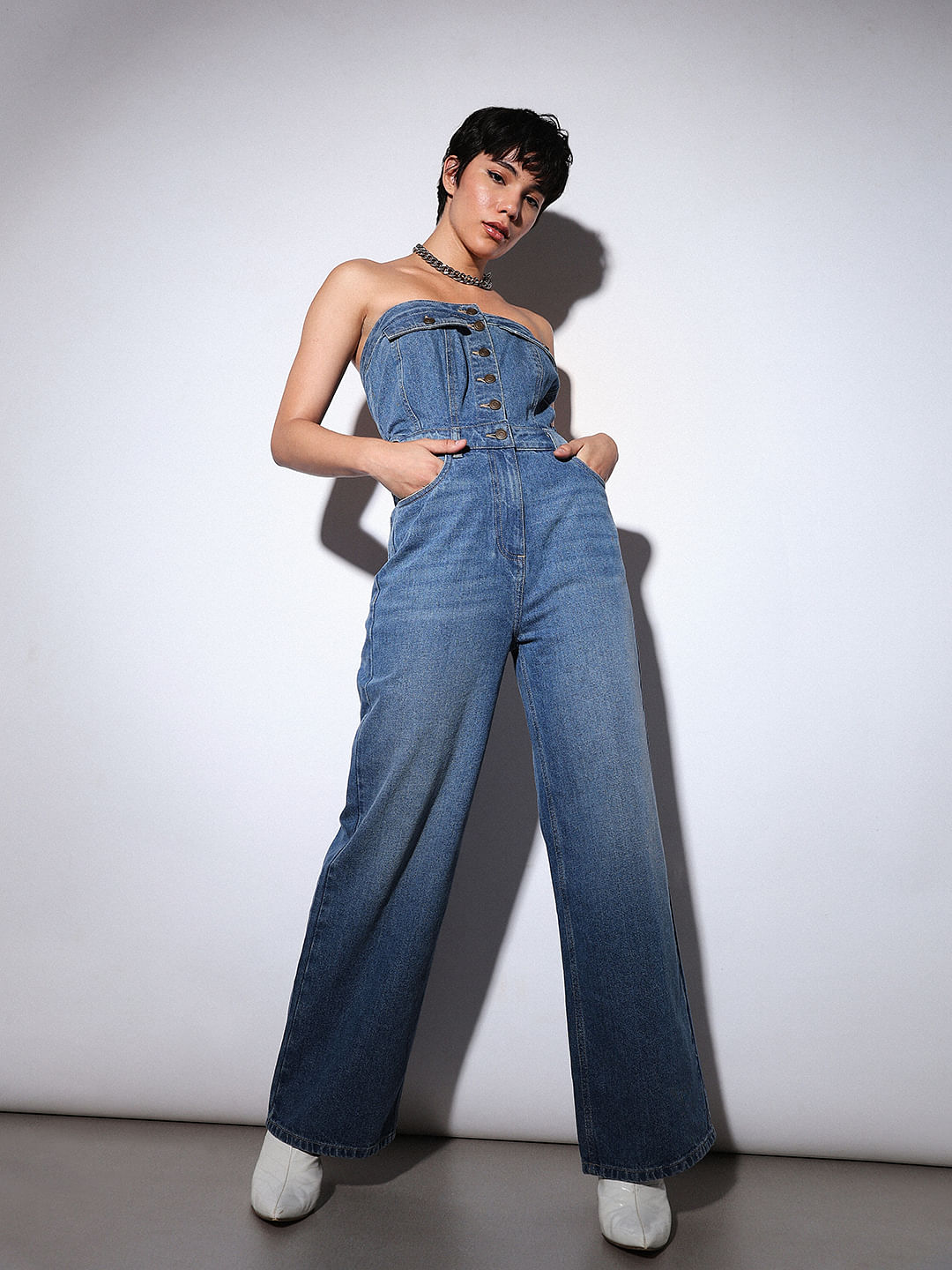 Blue Off Shoulder Denim Jumpsuit