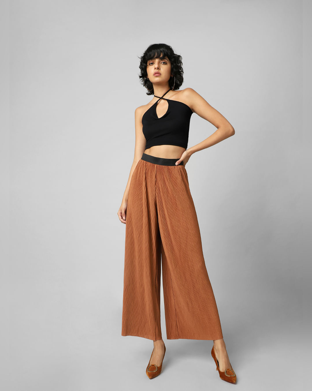 Brown High Rise Pleated Wide Leg Pant|123842001