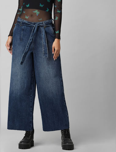 Blue Mid Rise Wide Leg Belted Jeans