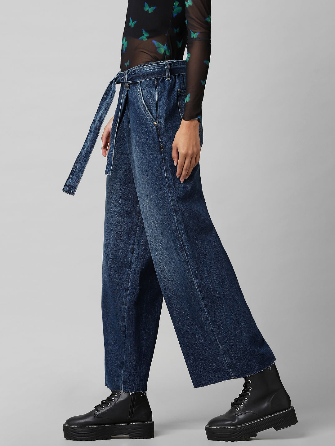 Blue Mid Rise Wide Leg Belted Jeans