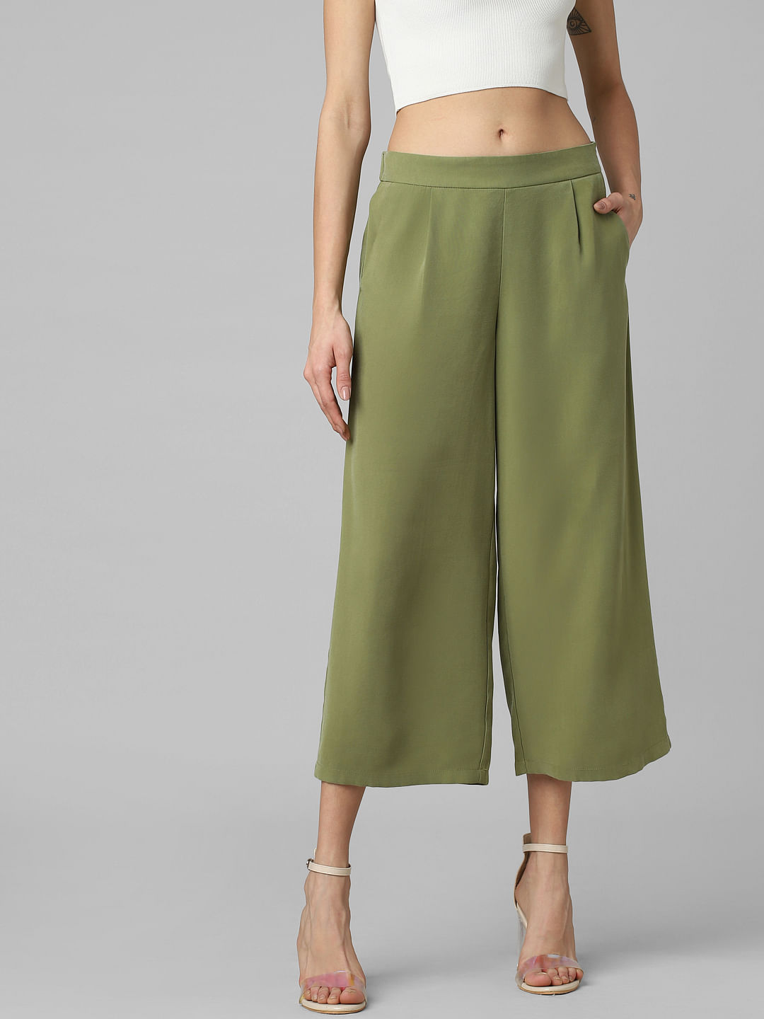 FableStreet Bottoms Pants and Trousers  Buy FableStreet High Waist Wide  Leg Trousers  Bottle Green Online  Nykaa Fashion