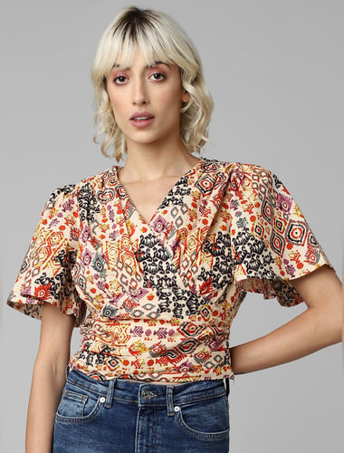 Brown Printed Wrap-Over Top