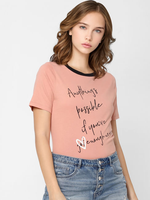 Peach Slogan Print T-shirt