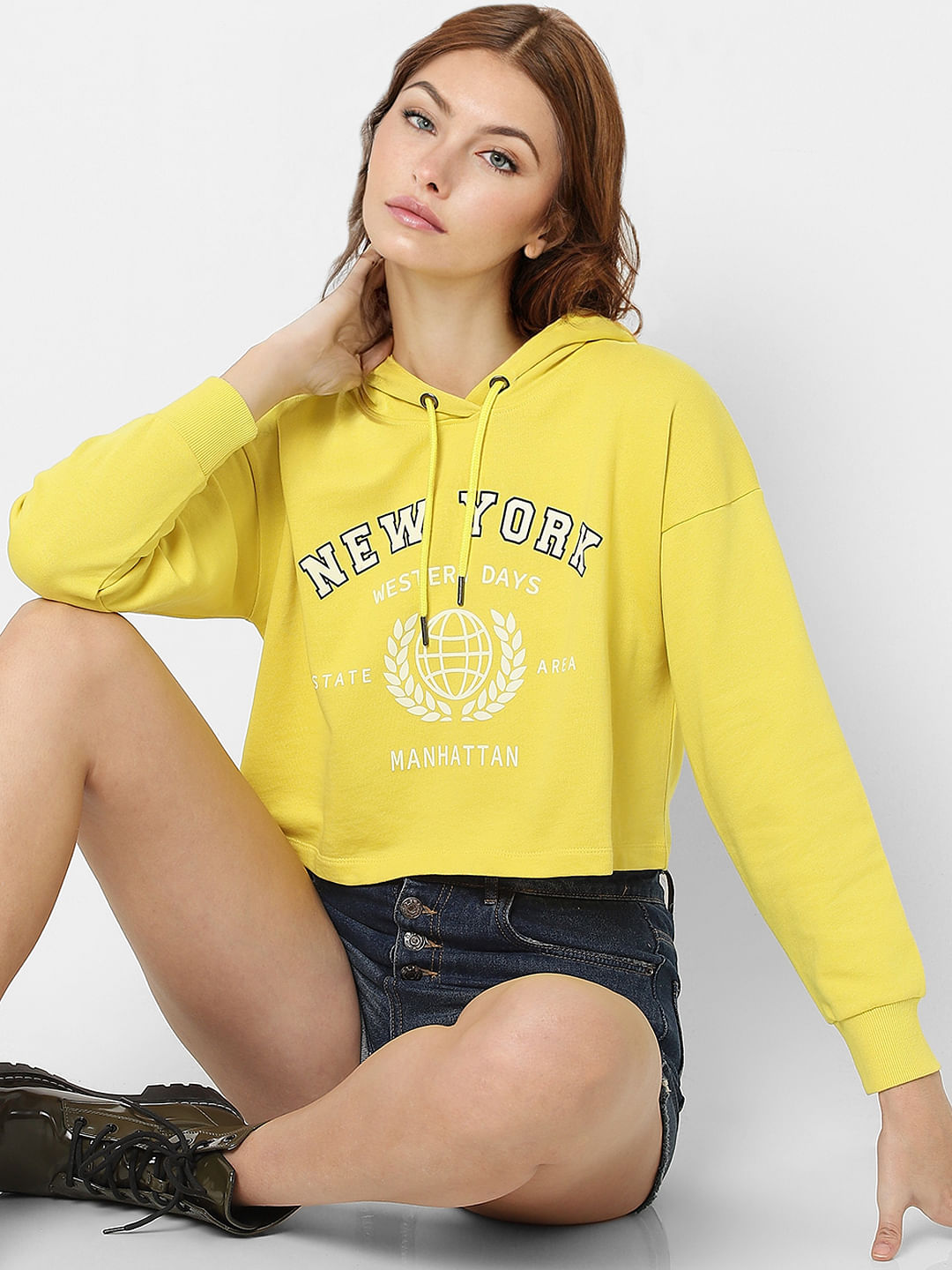 Buy Yellow Text Print Hooded Sweatshirt for Women ONLY 202435701