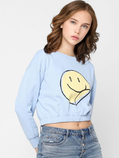 Blue Cropped Smiley Print Sweatshirt