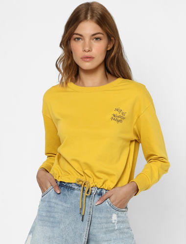 Yellow Slogan Print Cropped Sweatshirt