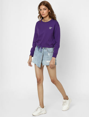 Purple Placement Print Cropped Sweatshirt