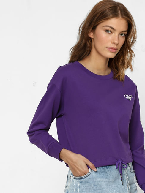 Purple Placement Print Cropped Sweatshirt