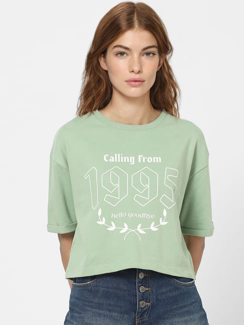 Green Graphic Print Cropped Sweatshirt