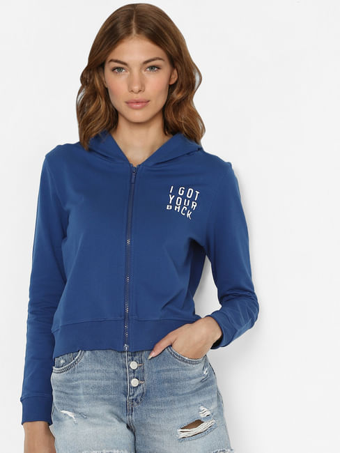 Blue Slogan Print Hooded Sweatshirt