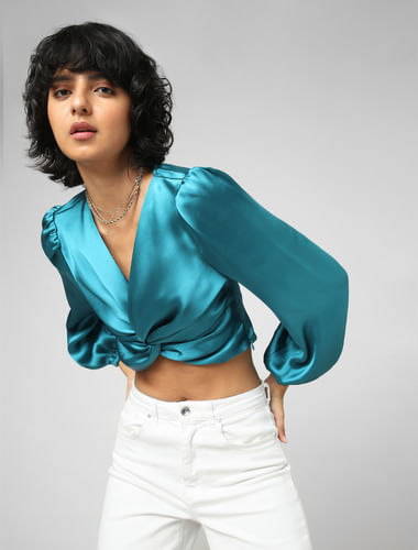 Blue Knot-Detail Cropped Satin Top