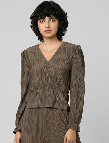 Brown Pleated Wrap over Co-ord Top