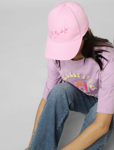 Pink Floral Embroidered Cap