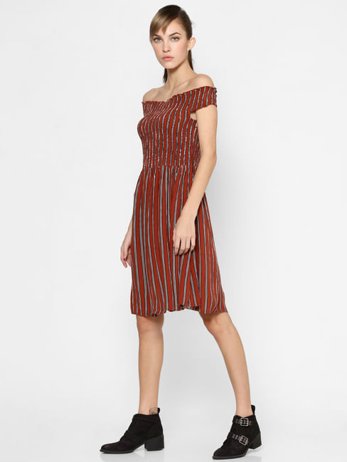 Brown Striped Off-Shoulder Dress