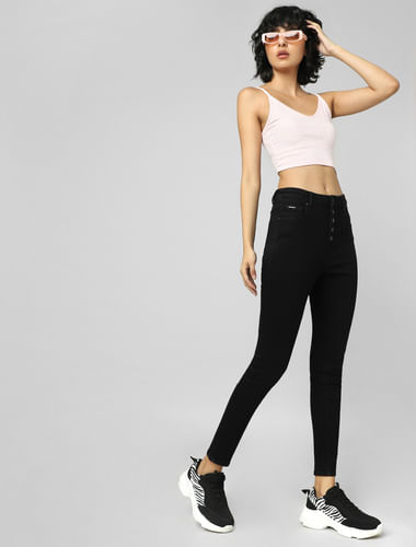 Black High Rise Buttoned Skinny Jeans