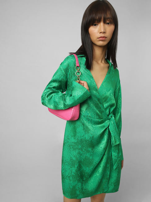 Green Printed Jacquard Wrap Dress