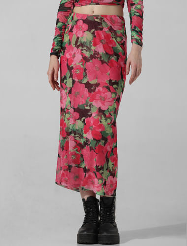Pink Floral Long Mesh Co-ord Set Skirt