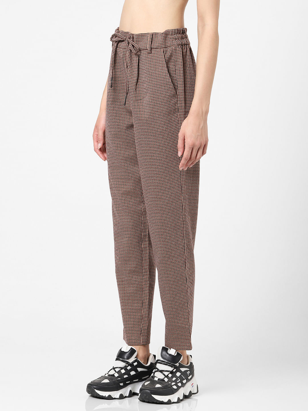 Buy Marks & Spencer Women Mustard Brown & Navy Blue Straight Fit Checked  Cropped Trousers - Trousers for Women 11161594 | Myntra